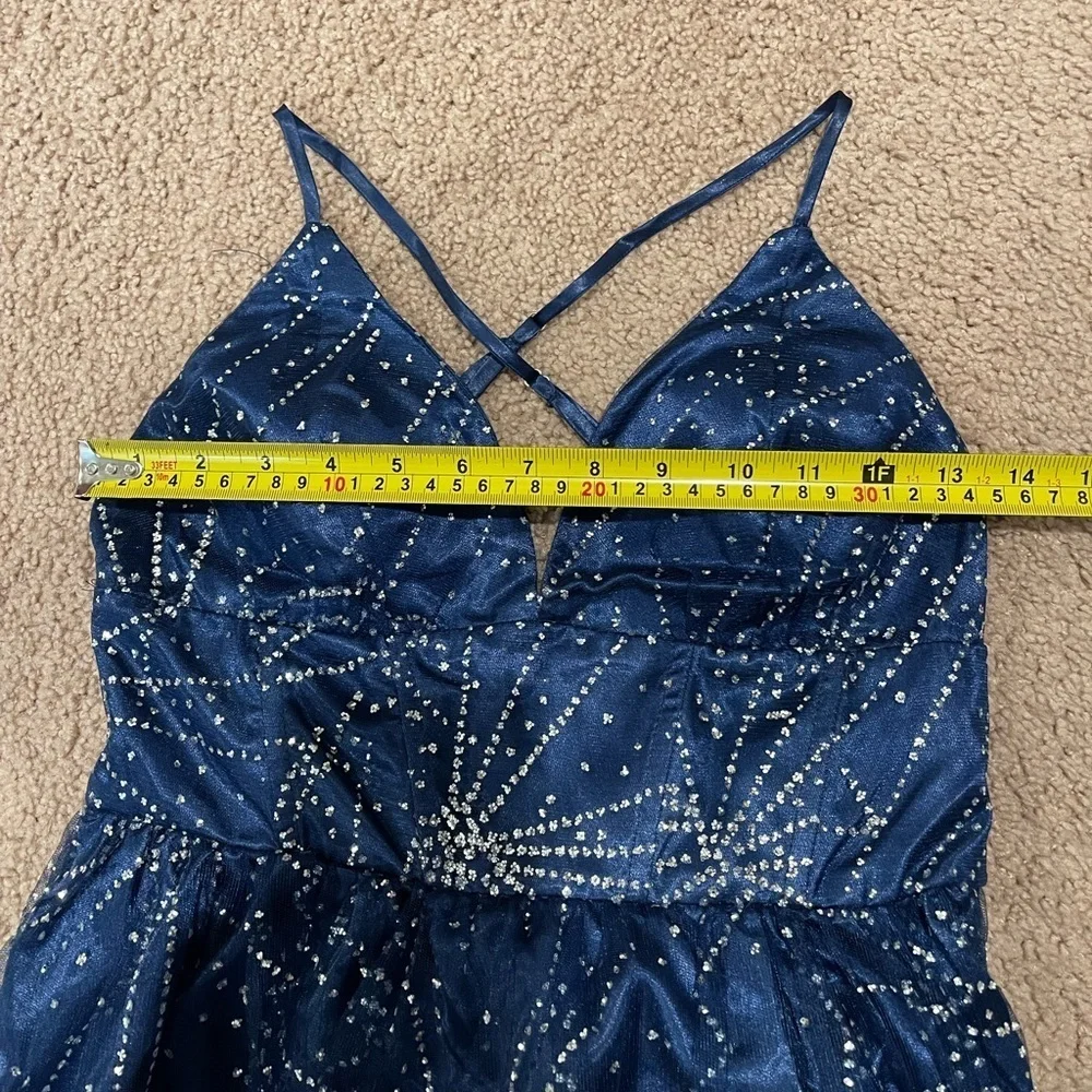 Womens Royal Blue V-neck Glitter Hi-cut Slit Prom Dress - Picture 4 of 11